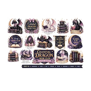 May include: A set of fantasy-themed clipart featuring dragons, books, and celestial elements. The designs include phrases like "Celestial Dragon Book Club" and "Books, Dragons, Magic." The colour palette includes purple, black, and white.