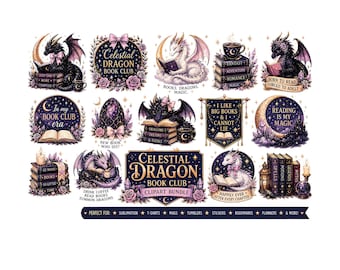 Celestial Dragon Book Club Clipart Bundle | Magic Fantasy Books PNG | Whimsical Dragon Stickers | Bookish Sublimation Designs for Readers