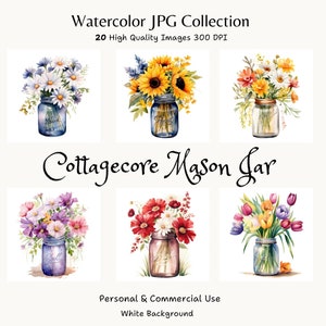 20 aquarel Cottagecore Mason Jar clipart, platteland bloemen potten, magische rustieke illustraties clipart, hoogwaardige JPG-afbeeldingen