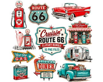 Puede incluir: Un paquete de imágenes prediseñadas digitales con ilustraciones temáticas de la Ruta 66, que incluye un coche rojo antiguo, un surtidor de gasolina, un batido, una gasolinera, una caravana plateada, una camioneta azul y letreros con Cruisin Route 66.