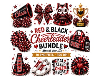 Paquete de imágenes prediseñadas de porristas rojas y negras / PNG de porristas / Diseños de sublimación para ropa deportiva / Gráficos para equipos de porristas / Descarga instantánea