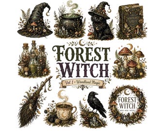 Paquete de imágenes prediseñadas de bruja del bosque / Magia del bosque PNG digital / Gato negro y caldero estilo cottagecore gótico / Gráficos místicos de bruja para diario de recortes