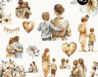 Watercolor Mother’s Day Clipart, Floral Mother’s Day PNG, Neutral Mother’s Day , Mother’s Day Clip Art Bundle Commercial Use, Mom and Son