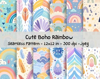 Schattige boho-regenboog: 12 naadloze digitale papieren voor scrapbooking, achtergronden, digitale downloads, commercieel gebruik, boho-patronen, papercraft