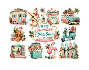 Retro Summer Christmas Clipart Bundle | Tropical Beach Christmas PNG | Surfing Santa, Vintage Camper, Coastal Holiday Sublimation Graphics