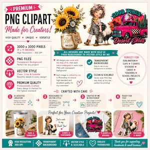 K&ouml;nnte beinhalten: Ein digitales Grafikdesign-Blatt mit Sonnenblumen-Einmachglas-Cliparts, einem M&auml;dchen mit einem Hahn und einem rosa Lastwagen vor einer W&uuml;stenkulisse. Der Text enth&auml;lt Premium PNG Clipart, Made for Creators, Good Vibes Desert Skies und 3000 x 3000 Pixel.
