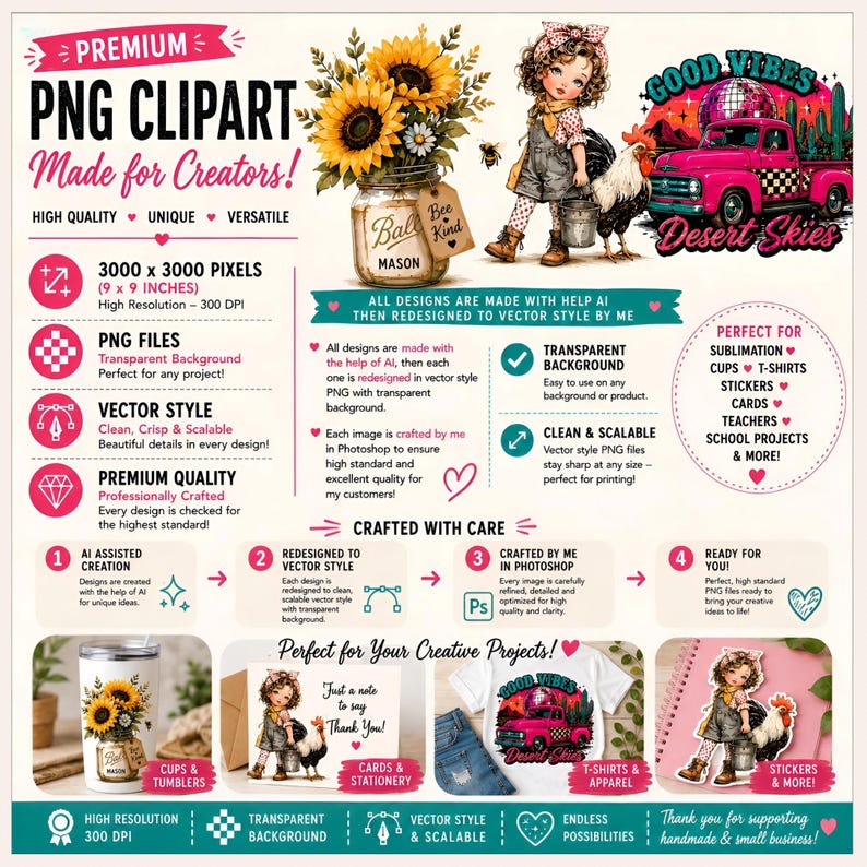 K&ouml;nnte beinhalten: Ein digitales Grafikdesign-Blatt mit Sonnenblumen-Einmachglas-Cliparts, einem M&auml;dchen mit einem Hahn und einem rosa Lastwagen vor einer W&uuml;stenkulisse. Der Text enth&auml;lt Premium PNG Clipart, Made for Creators, Good Vibes Desert Skies und 3000 x 3000 Pixel.