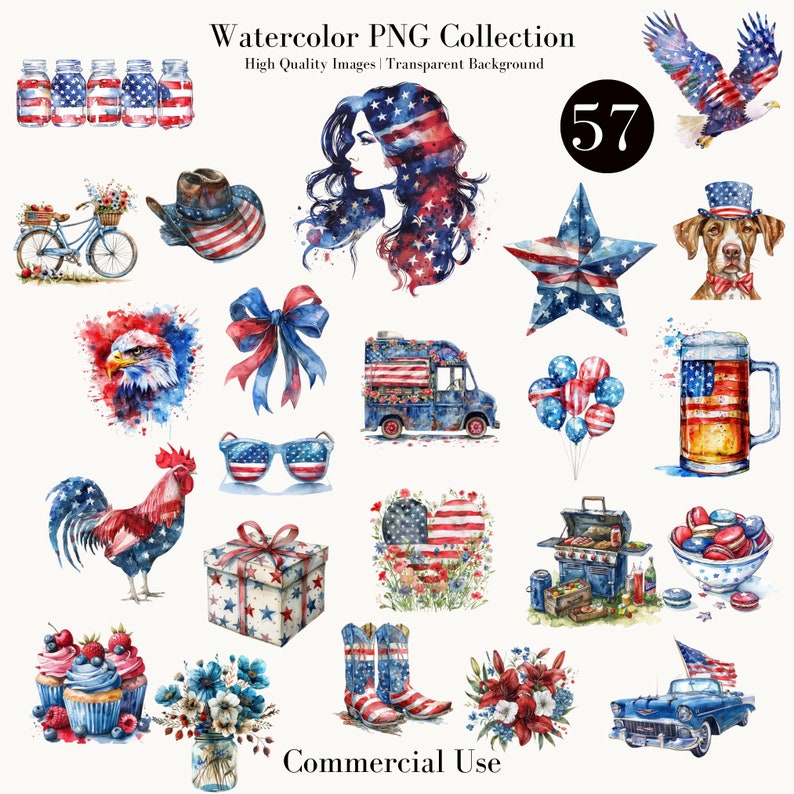 Patriotic Clipart Bundle, Watercolor American Flag, Digital Download, 4th of July PNG Images, Independence Day Graphics, Commercial Use image 1