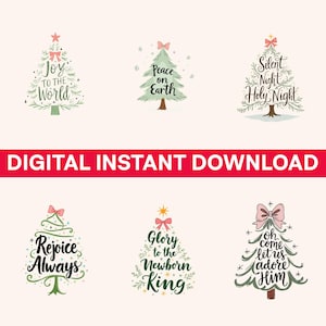 May include: A collection of six Christmas tree designs with festive text. Each tree is adorned with a bow and features phrases like "Joy to the World" and "Peace on Earth." The image includes the text "DIGITAL INSTANT DOWNLOAD" in a red banner.