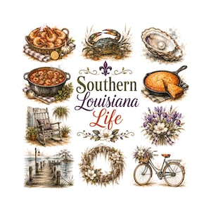 Paquete de imágenes prediseñadas de Luisiana / Acuarela de mariscos cajún PNG / Gráficos de Southern Life Bayou / Sublimación de Nueva Orleans / Arte de cangrejo azul y gumbo