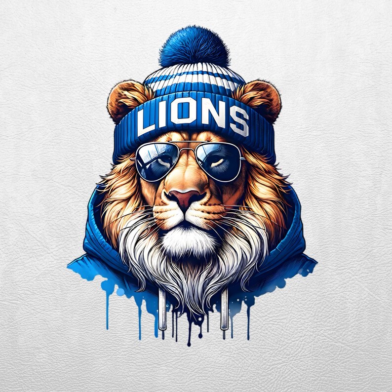 Cool Lion with Sunglasses and Blue Hoodie, Lions Fan Art, Urban Style Lion Digital Art Print