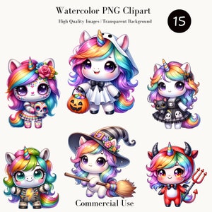 Lindo paquete de imágenes prediseñadas de Halloween de unicornio arcoíris: animal de fantasía estilo kawaii PNG, descarga digital para manualidades y diseños, sublimación