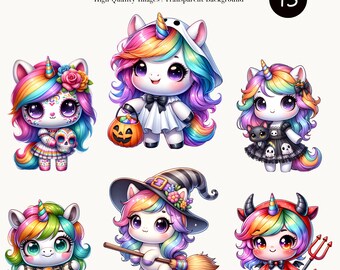 Uroczy zestaw clipartów z tęczowym jednorożcem na Halloween – Kawaii Style Fantasy Animal PNG, cyfrowe pobieranie do rękodzieła i projektów, sublimacja