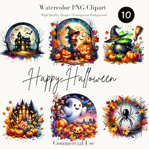 Halloween Watercolor PNG Clipart – Spooky Halloween Prints, Witch and Pumpkin Art, Ghost and Haunted House, Digital Download