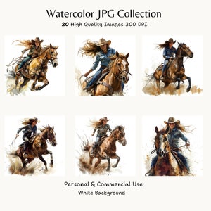 Watercolor Cowgirl on Horse Art Print, Western Riding, Cowgirl Decor, Set of 20 High-Quality JPG Images,Junk Journal, Digital Download