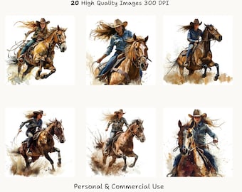 Watercolor Cowgirl on Horse Art Print, Western Riding, Cowgirl Decor, Set of 20 High-Quality JPG Images,Junk Journal, Digital Download