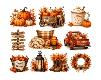 Fall Clipart Bundle | Autumn Pumpkin PNG | Red Vintage Truck Clipart,Cozy Harvest Graphics,Pumpkin Spice PNG,Commercial Use Digital Download