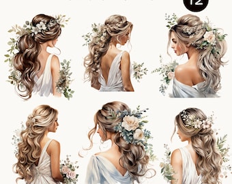 Watercolor Floral Bride Clipart Set, Elegant Wedding Hairstyles, Floral Bridal PNGs, Digital Download, Commercial Use , Wedding Clipart