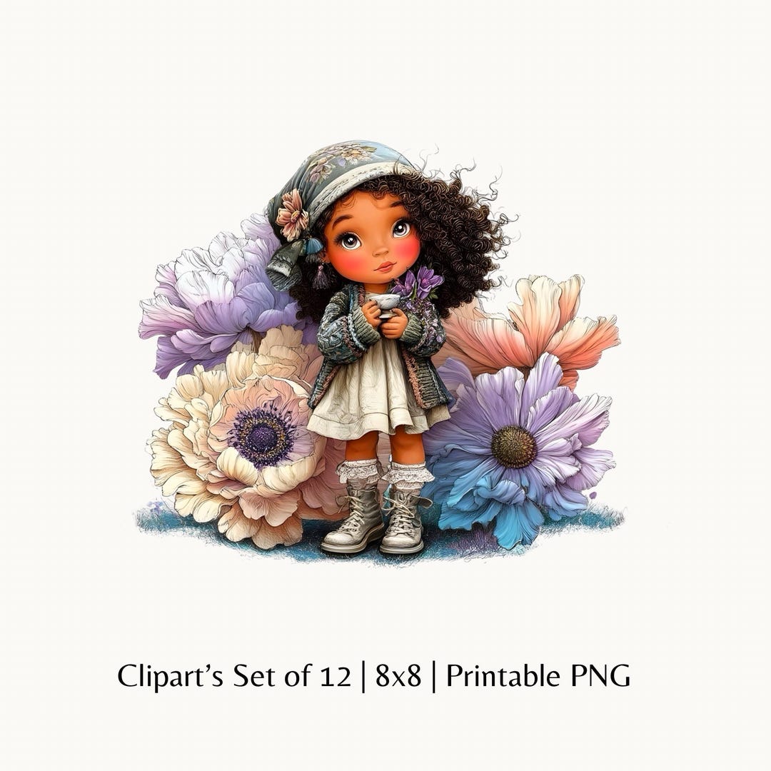 Little Girl Floral Clipart Bundle | Whimsical Girl Flower PNG | Cute ...