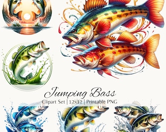 Clipart di pesci persici saltanti ad acquerello, pacchetto PNG di pesca (uso commerciale)