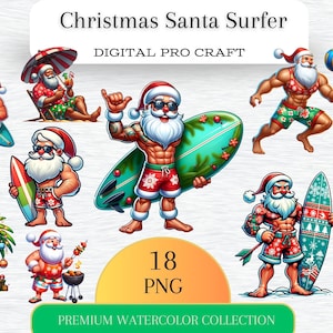 Natal Papai Noel Surfista na Praia Clipart. Arte Digital e Sublimação. Formato PNG Fundos Transparentes, clipart de Papai Noel clipart de Natal.