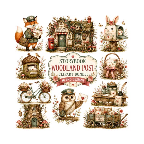 Paquete de imágenes prediseñadas de carteros de cuento de hadas en el bosque / PNG de cartero con animales del bosque vintage / Oficina de correos estilo cottagecore caprichosa / Gráficos para diarios creativos