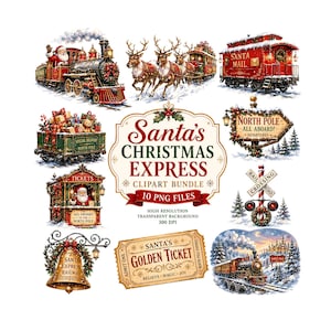 以下が含まれることがあります： Santa's Christmas Expressというタイトルのデジタルクリップアートバンドル。蒸気機関車、トナカイ、サンタメール車両、チケット売り場、北極の標識、踏切、鐘、ゴールデンチケットなど、クリスマスの祝祭的なイメージが描かれています。