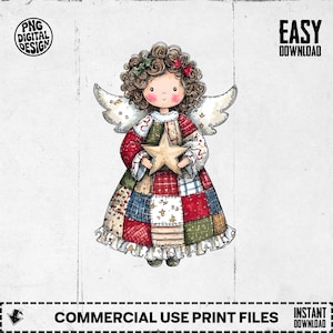 May include: A digital illustration of a charming angel holding a star. The angel has curly brown hair, wings, and wears a patchwork dress in red, green, and blue. The image includes the text "PNG DIGITAL DESIGN" and "COMMERCIAL USE PRINT FILES".