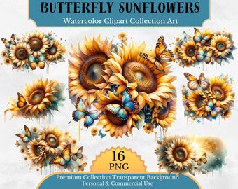 Könnte beinhalten: Aquarell-Clipart-Kollektion mit Sonnenblumen und Schmetterlingen. Das Bild zeigt mehrere Anordnungen von gelben Sonnenblumen mit braunen Zentren, verziert mit orangefarbenen und blauen Schmetterlingen. Der Text "BUTTERFLY SUNFLOWERS" und "Watercolor Clipart Collection Art" ist sichtbar.
