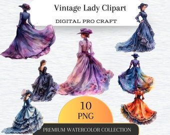 Renaissance Lady Vintage Watercolor Clipart Bundle, Transparent PNG, Digital Download, Card Making Scrapbook Junk Journal Commercial Use