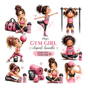 Può includere: Un pacchetto di clipart digitali con illustrazioni di ragazze impegnate in varie attività in palestra. Le immagini includono ragazze che sollevano pesi, si allungano e fanno yoga. È incluso anche il testo "GYM GIRL clipart bundle" e "Strong Body Strong Mind".