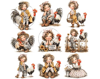 Paquete de imágenes prediseñadas de chica de granja / Chica campestre vintage con gallo PNG / Gráficos campestres caprichosos para sublimación, diarios creativos y álbumes de recortes