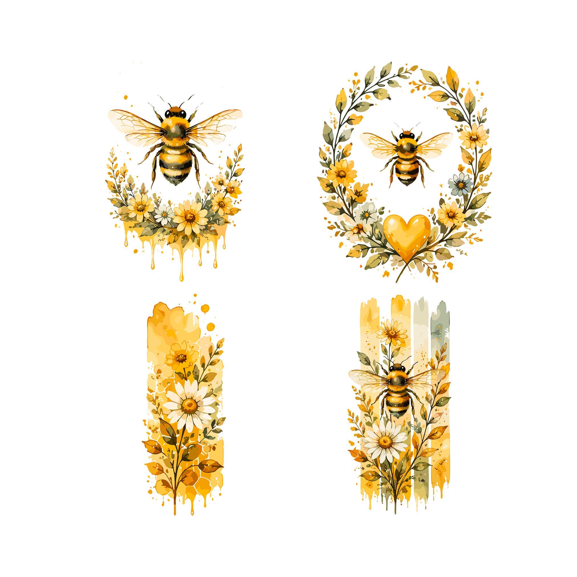 Watercolor Bee Clipart Bundle, Honey Bee PNG, Floral Clipart for Junk ...