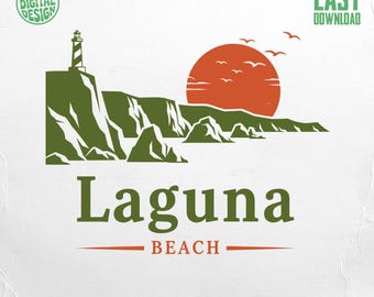 Laguna Beach Vintage PNG Design, Lighthouse Cliffs Sunset Graphic, California Coastal Art, Travel Western Digital Image