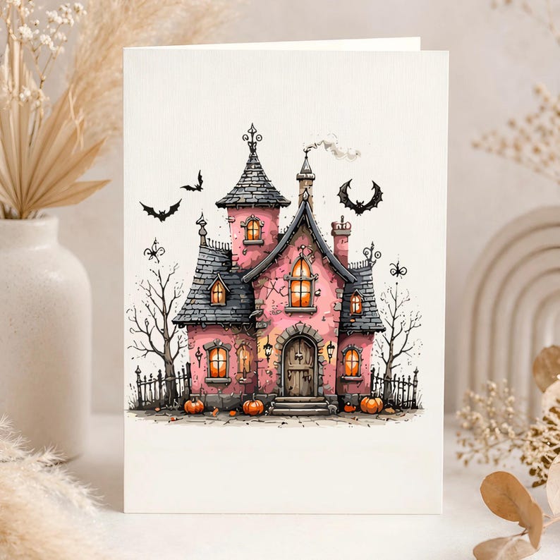 Pink Halloween Clipart Bundle, Cute Pastel Ghost PNG, Whimsical Girly Spooky Graphics, Pink Haunted House, Halloween Sublimation Designs image 8