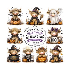 Può includere: Un pacchetto di clipart digitali con nove illustrazioni di mucche Highland pelose in vari costumi di Halloween, tra cui zucche, cappelli da strega, mantelli e lenzuola da fantasma. Il testo centrale recita WHIMSICAL HALLOWEEN HIGHLAND COW CLIPART BUNDLE PNG FILES.