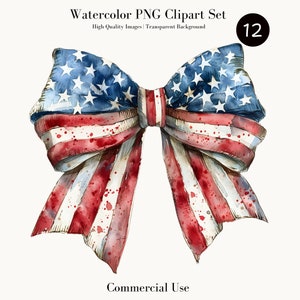 Clipart di fiocco acquerello patriottico, PNG di alta qualità, download digitale, scrapbooking, creazione di biglietti, forniture per diari spazzatura, arte artigianale