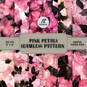 Rosa Blütenblätter SEAMLESS Muster - Pink und schwarze Alkohol Tinte Digitales Papier - 12 Designs - 12 x 12 Zoll - Kommerzielle Nutzung