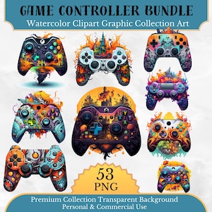 May include: A collection of nine watercolor-style game controller graphics. Each controller features a unique design with vibrant colors and intricate details. The image includes text that reads "GAME CONTROLLER BUNDLE" and "53 PNG". The controllers are set against a light background.