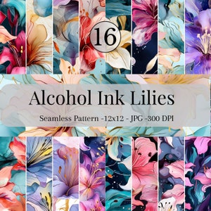Lilies Alcohol Ink Flowers Seamless Patterns - Floral Ink Digital Paper-16 Designs - 12x12in-Commercial Use-Alcohol Ink Flowers Patterns