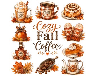 Cozy Fall Coffee Clipart Bundle | Pumpkin Spice Latte PNG, Autumn Leaves & Sweets | Rustic Fall Digital Stickers for Planners  Journals