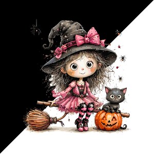 May include: A cartoon illustration of a character wearing a black witch hat with a pink bow, a pink dress, and striped stockings, sitting on a broomstick. A small black cat sits on an orange jack-o'-lantern next to the character, with spiders.