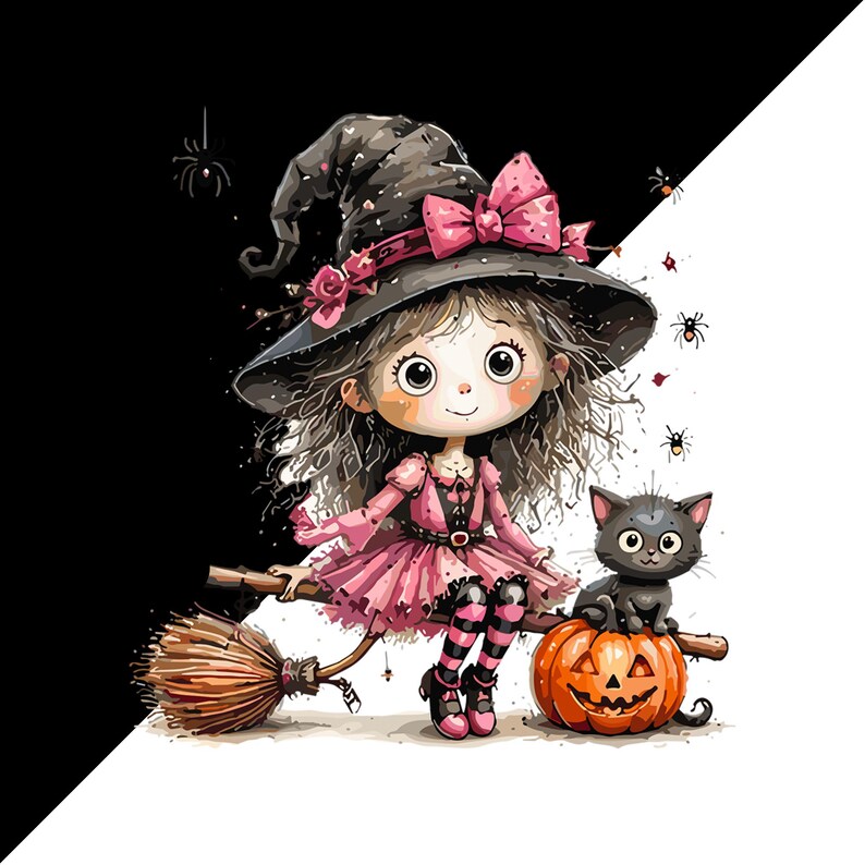 May include: A cartoon illustration of a character wearing a black witch hat with a pink bow, a pink dress, and striped stockings, sitting on a broomstick. A small black cat sits on an orange jack-o'-lantern next to the character, with spiders.