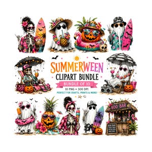 Könnte beinhalten: Ein digitales Clipart-Bundle mit Illustrationen zum Thema Summerween. Die Bilder zeigen Skelette und Geister am Strand, mit Surfbrettern, Cocktails und Kürbissen. Der Text enthält "SUMMERWEEN CLIPART BUNDLE" und "BOO BAR".