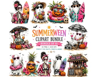 May include: A digital clipart bundle featuring whimsical illustrations with a Summerween theme. The images include skeletons and ghosts in beach settings, with surfboards, cocktails, and pumpkins. The text reads "SUMMERWEEN CLIPART BUNDLE" and "BOO BAR".