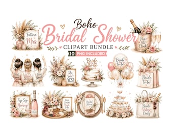 Paquete de imágenes prediseñadas para despedida de soltera estilo boho / Gráficos PNG de boda en acuarela / Imágenes prediseñadas para despedida de soltera y grupo de la novia / Descarga digital de champán y flores