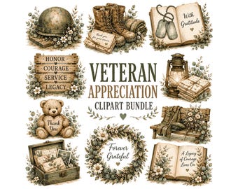 Veteran Appreciation Clipart Bundle | Military PNG Graphics for Veterans Day, Memorial Day | Rustic Vintage Soldier Illustrations, Dog Tags