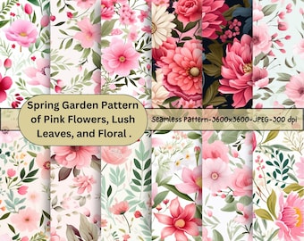 12 lentetuin patroon roze bloemen, weelderige bladeren naadloos patroon-digitaal papier-commercieel gebruik-digitaal papier ambacht-bloemenpatronen papier