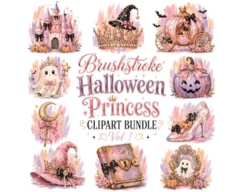 Halloween Princess Clipart Bundle | Pastel Pink Halloween PNG, Cute Ghost, Haunted Castle, Pumpkin Carriage | Digital Brushstroke Graphics
