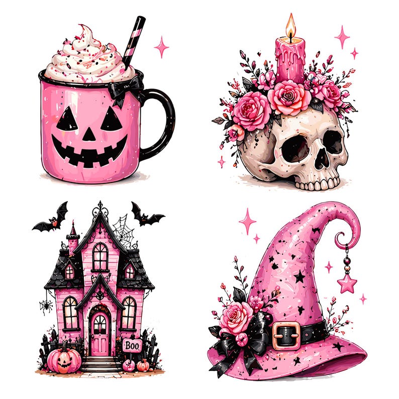 Może przedstawiać: Zbi&oacute;r ilustracji o tematyce Halloween. Zawiera r&oacute;żowy kubek z twarzą dyni, czaszkę z r&oacute;żami i świecą, r&oacute;żowy nawiedzony dom oraz r&oacute;żowy kapelusz czarownicy z gwiazdami i klamrą.